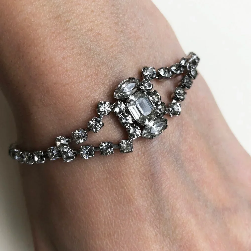 Fancy rhinestone tennis bracelet, dainty clear crystal cocktail party bracelet